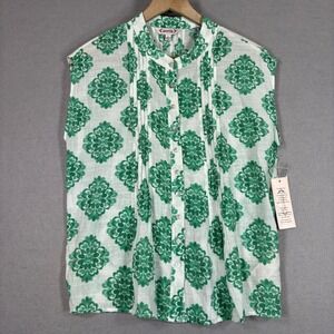 Nanette Lepore Womens Damask Pintuck Sleeveless Blouse Size Small Cabana Green